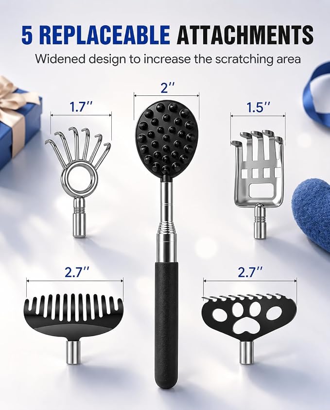 Gelibo Telescoping Large Back Scratcher with 5 Detachable Heads, Gift for Him, Dad, Gifts for Men, Extendable Back Massager Tool with Beautiful Box