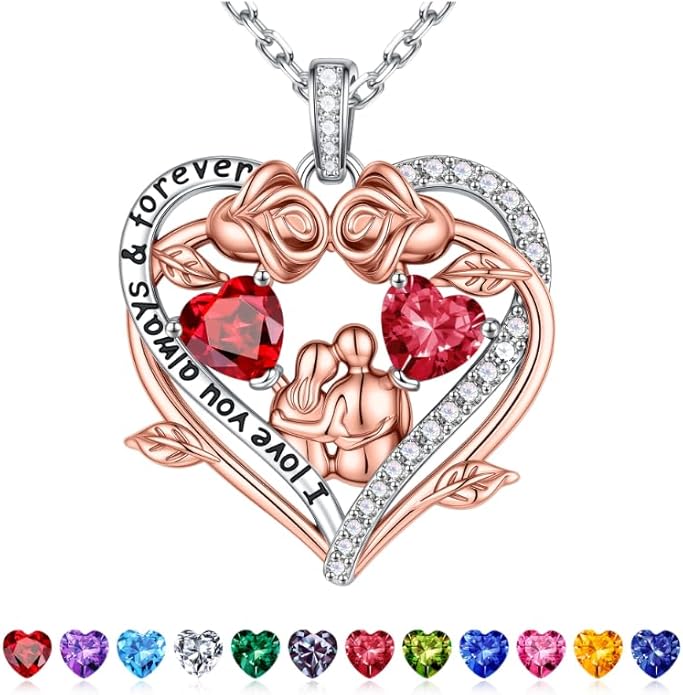 Iefil Valentines Gifts for Her Wife - 925 Sterling Silver Double Heart Birthstone Necklace, Anniversary Birthday Gifts for Women Wife Girlfriend