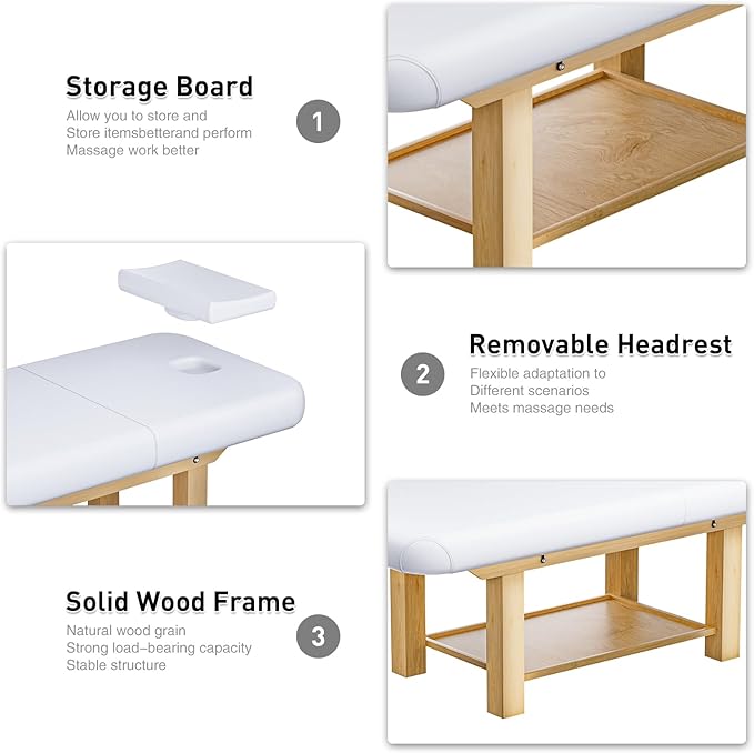28in Wide Massage Table with 1500lbs Weight Capacity, Wooden Base, Massage Bed Adjustable Backrest for Professional & Home Use, Spa Treatment Table for Relaxation and Therapy，White