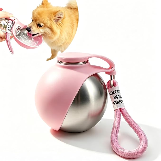 Dog Water Bottle Portable, 2in1 Round Dog Water Bowl Stainless Steel 10oz