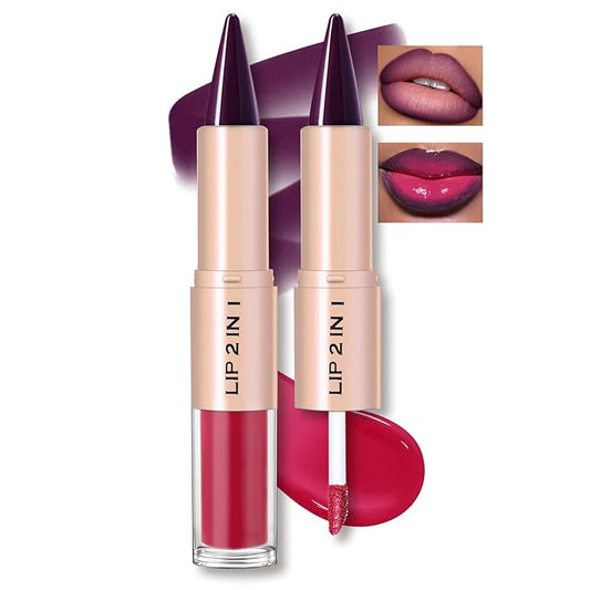 Lip Liner Gloss Lip Combo Set, 2 in 1 Lip Duo Plum Lip Liner Lipstick Glossy Nourishing Berry Dew Shine Gloss Lip Kit, Smooth Quick Fuller Plumping Juicy Lip Makeup for Women08#Plum