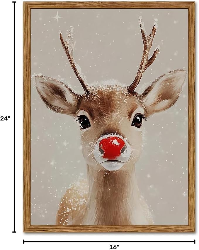 Framed Christmas Wall Art, Vintage Red Nose Reindeer Canvas Wall Decor Paintings, Rustic Winter Cute Deer Pictures Prints Farmhouse Home Decoration for Living Room Bedroom 16×24 inch