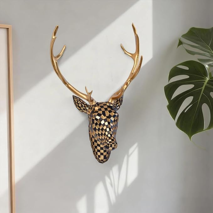 GIGICICI Mosaic Deer Head Wall Decor 15.7x8.7 Inch, Artistic Faux Resin Animal Head Wall Sculpture Hanging for Living Room Bedroom Kitchen Office, Black-Gold Gift