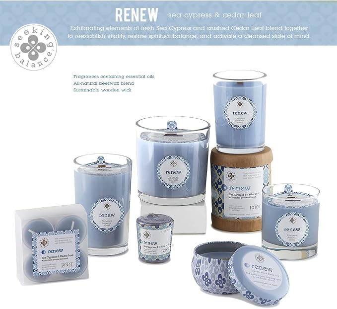 Root Candles Seeking Balance Wood Wick Spa Candle Aromatherapy Candles, 6.5-Ounce, Renew: Sea Cypress & Cedar Leaf