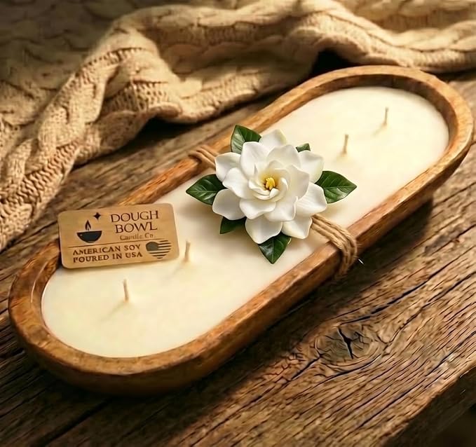Dough Bowl Candle Co. Gardenia Candle - 100% Soy Candles for Home Scented, 17x5 Large 6 Wick Luxury Home Decor, Aromatherapy Gifts for Summer Spring, Large Decorative White Wax in Wood Bowl, 70H