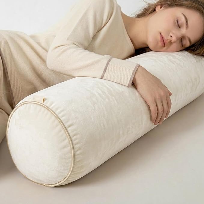 Body Pillow Yoga Bolster Round Cylindrical Pillow Long Dutch Velvet Cushion with Removable Washable Cover for Side Sleepers Meditation and Bedroom Decor(White,120cm/47in)