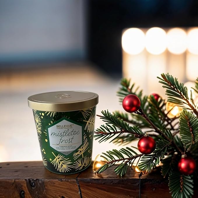Bellevue Luxury Candles, 12 OZ Fragranced Candle, Soy Blend Wax, Essential Oils, Long-Lasting Burn, Home Fragrances, Aromatherapy Home Scented Candles Scent Mistletoe Frost