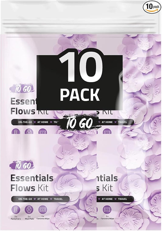 Essential Flows Period Kit (10 Pack) - 3 Pantyliners, 2 Maxi Pads & Feminine Wipe | Hygiene Essentials for School, First Period (Purple)
