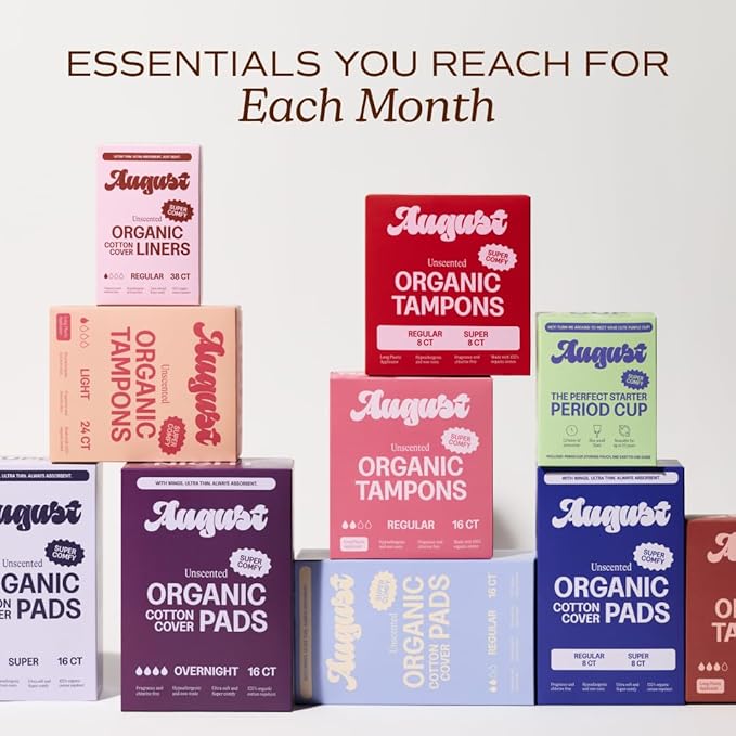 August Organic Cotton Tampons, 96 Light Tampons Made with Organic Cotton, Long Applicators, Non-Toxic, Fragrance-Free, Chlorine-Free, and Hypoallergenic (6 Boxes of 16/12 Boxes of 8)