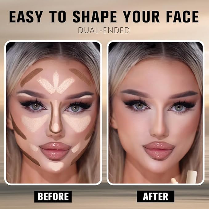 Nuetral Nude + Beige Contour Stick Dual Ended Face Body Makeup Waterproof no Transfer, 2 in 1 Cream Concealer Stick Contouring Makeup Kit, Nose Contour Bronzer Sticks Face Highlighter Make up