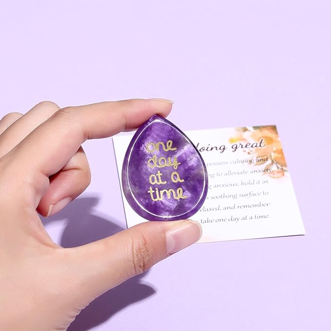 One Day at A Time Amethyst Thumb Worry Stone for Anxiety Crystals Healing Stones Inspirational Stone for Meditation Worry Stones for Stress Relief Sobriety Gifts Thinking of You Gifts for women
