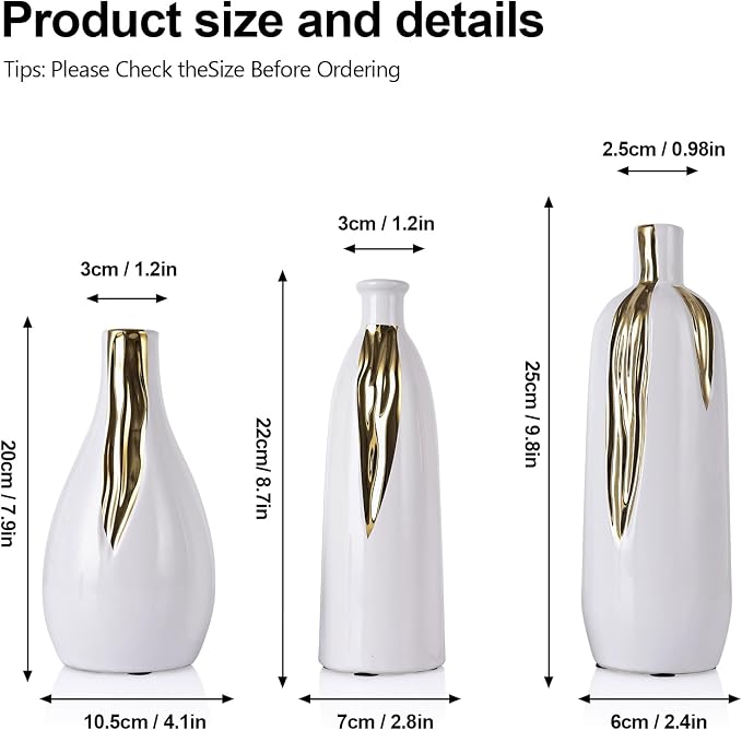 White and Gold Vase Set of 3, Modern Ceramic Decorative Vases for Living Room, Bedroom, Art Decor, Mantle, Home Event Decor, Office Decorative, Weddings, Rustic & Farmhouse (White Gold)