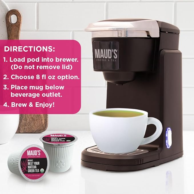 Maud's Organic Matcha Green Tea Pods, 24 ct, Single Serve Tea Pods – 100% Gourmet Blended Tea Leaves, Compatible with Keurig K Cups Maker