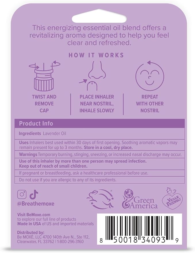 MOXE Lavender Essential Oil Nasal Inhaler, Therapeutic No-Mess Aromatherapy, Relaxation, Naturally Calming, Before Sleep Routine, Uplifts Mood, Pure and Undiluted, Made in USA (1 Pack)