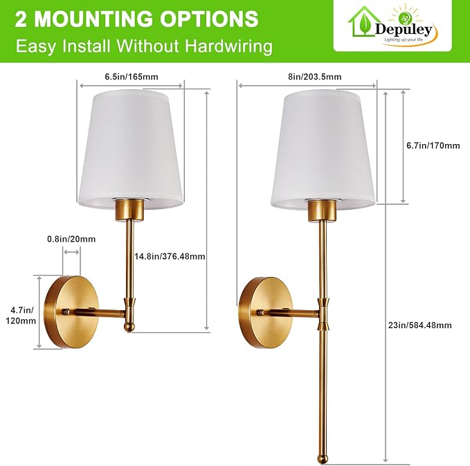 Depuley Battery Operated Wall Sconce: Set of 2 Wireless Wall Lights with 10000mAh Dimmable Bulbs and Remote for Bedroom - Rechargeable 15 Colors Gold Wall Lamp for Living Room Hallway