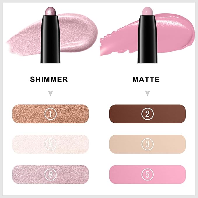 3PCS Eyeshadow Stick, Shimmer and Matte Cream Eye Shadow Brightener Sticks Eyeliner Pencil Crayon, Waterproof Long Lasting Eye Highlighter Stick Makeup (01+06+08)