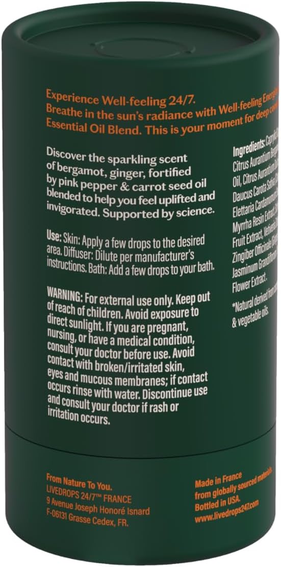Livedrops 24/7 Energized Essential Oil Blend - Bergamot, Ginger, Pink Pepper - Natural Aromatherapy for Energy & Focus - Skin-Safe & Diffuser-Ready - Clinically Tested - Crafted in France