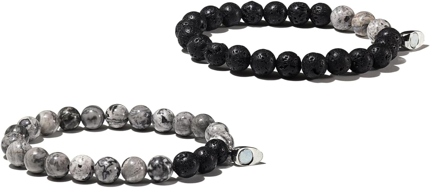 Caiyao 2Pcs Matte Lava Rock Volcanic Stone Beads Stretch Bracelet Stacking Essential Oil Diffuser Tiger Eye Seed Energy Yoga Bracelet for Men Women Couple Stress Relief Healing Aromatherapy Jewelry