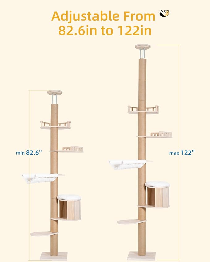Aechonow 10.2ft Floor to Ceiling Cat Tree for Large Cats, Tall Cat Tower | with Scratching Post, Adjustable Height(82-122 in), Large Condo Cave Bed Hammock for Indoor Cats, Wood