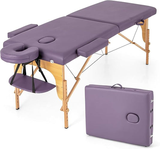 Giantex Massage Table, Portable Massage Bed w/Carrying Case, 2-Section Salon Spa Facial Care Tattoo Bed, Height Adjustable, Wood Frame, Professional Massage Lash Bed for Eyelash Extension (Purple)
