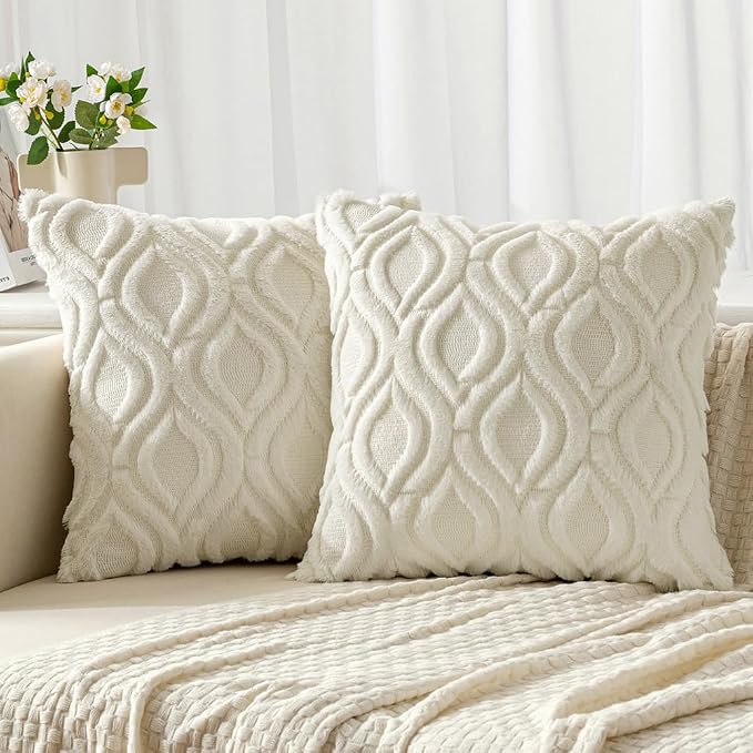 MIULEE Cream White Throw Pillow Covers 18x18 Inch, Soft Winter Plush Faux Wool Couch Pillow Covers Set of 2 Decorative Farmhouse Boho Throw Pillows for Sofa Living Room Bed | Set of 2, Farmhouse Boho Home Decor, Decorative Cushion Covers for Sofa, Livi...