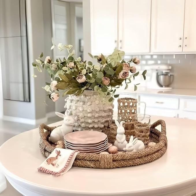 DN DECONATION Beige Flower Vase, 8.2" Farmhouse Boho Vase for Home Decor | Textured Rustic Vase, Cement Decorative Vases with Rope Knots for Living Room, Table Centerpiece, Shelf, Mantel Decoration