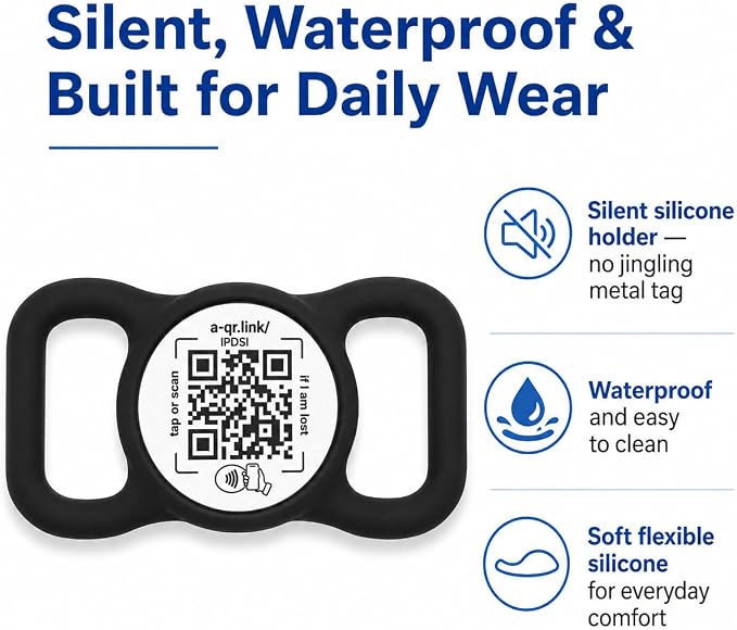 Smart Pet ID Tag for Dog Collar with NFC & QR Code | Silent Silicone Holder, Waterproof & Easy Clean, No App or Subscription, Secure Horizontal Fit, Online Pet Profile