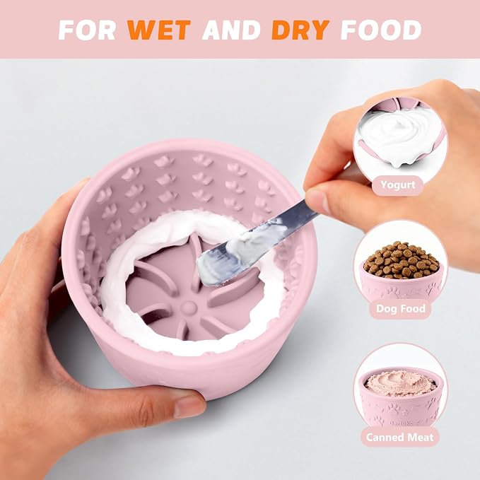 Dog Slow Feeder Lick Bowl, Silicone Dog Bowl with Strong Suction, Pink