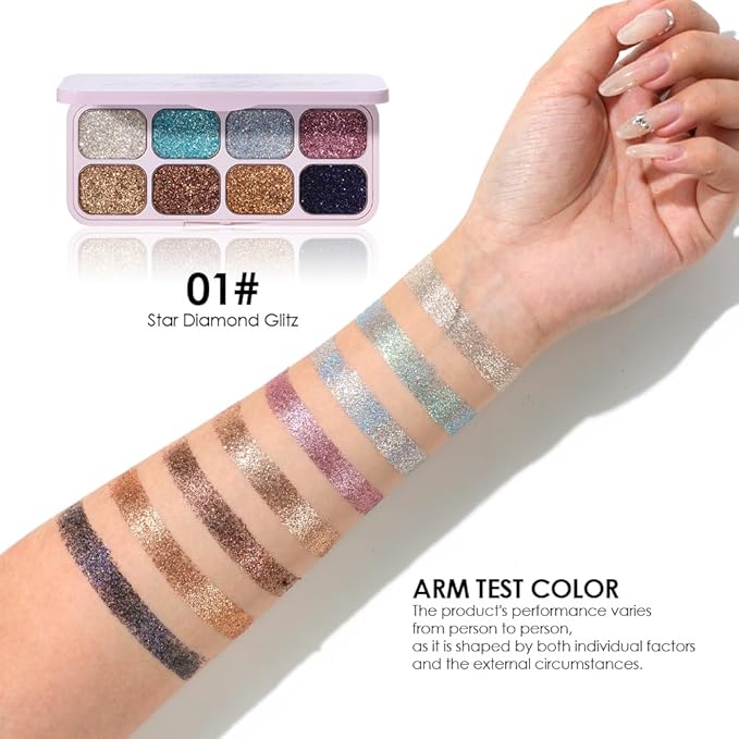 8-Color Glitter Eyeshadow Palette, Star Diamond Glitz, High Shine Metallic & Sparkle Shades, Long-Lasting Waterproof Eye Makeup, Smooth Blendable Powder for Party & Night Look