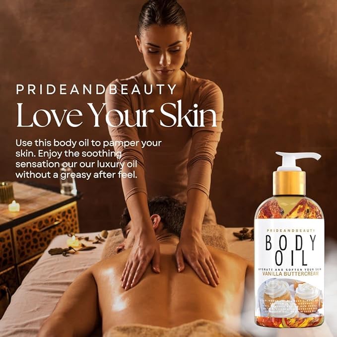 PrideandBeauty After Shower Oil. Skin Hydrating Oil. Body Oil Scented. Body Oils For Women Dry Skin. (Vanilla Buttercream)