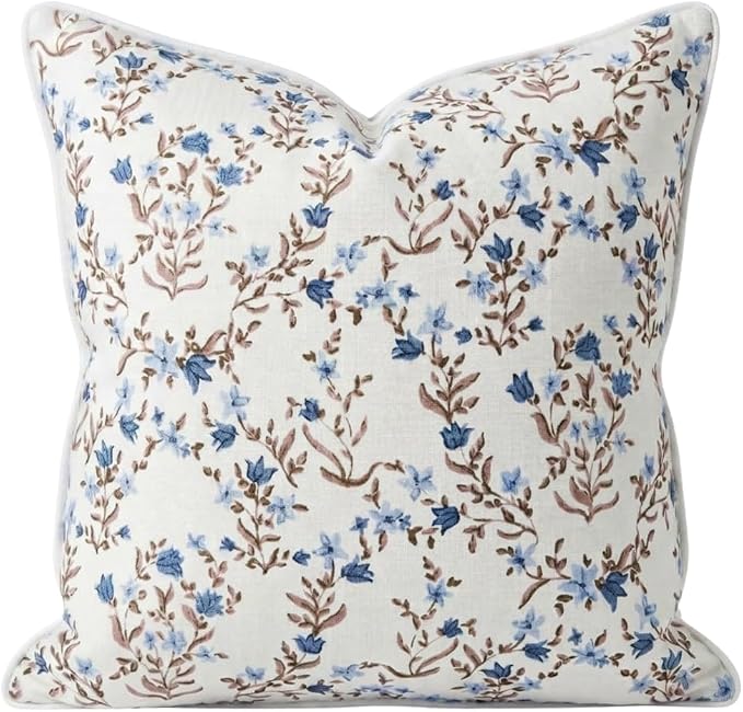 “The Lily” Floral Block Print Pillow Cover – Soft Blue and White Decorative Throw Pillow Cover – Grandmillennial Home Decor, 20" x 20"