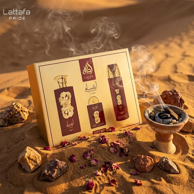 Lattafa Pride - Ansaam Gold for Men - 3 Pc Gift Set 3.4oz EDP Spray, 6.67oz Perfumed Body Spray, 0.67oz EDP Spray