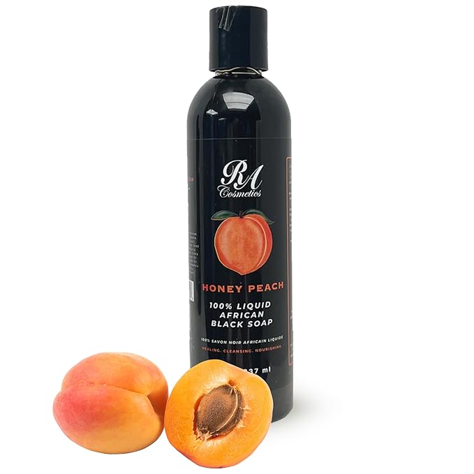 RA COSMETICS 100% African Liquid Black Soap with Honey Peach – Liquid African Black Soap Body Wash with Shea Butter, Coconut Oil & Plantain Peel | Deep Cleansing for Sensitive & Acne-Prone Skin, 8 oz