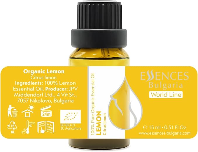 Essences Bulgaria Organic Lemon Essential Oil 0.51 Fl Oz | 15ml | Citrus Limon | 100% Pure | Natural | Undiluted | Therapeutic Grade | Aromatherapy | Cosmetics | Cruelty Free | Non-GMO | Vegan