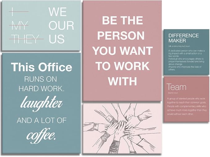 YEOION Motivational Office Wall Art,Inspirational Teamwork Wall Art for Office,Light Pink and Green Positive Teamwork Wall Decor for Women Set of 6