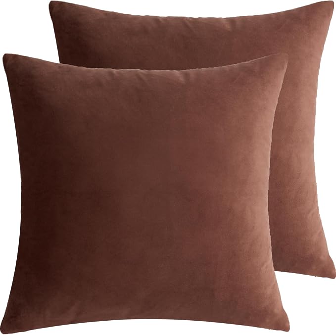 Velvet Decorative Throw Pillow Covers, Soft Square Cushion Case Home Decor for Living Room Couch Bed Sofa, Set of 2 Pack, Brown, 24x24 Inch