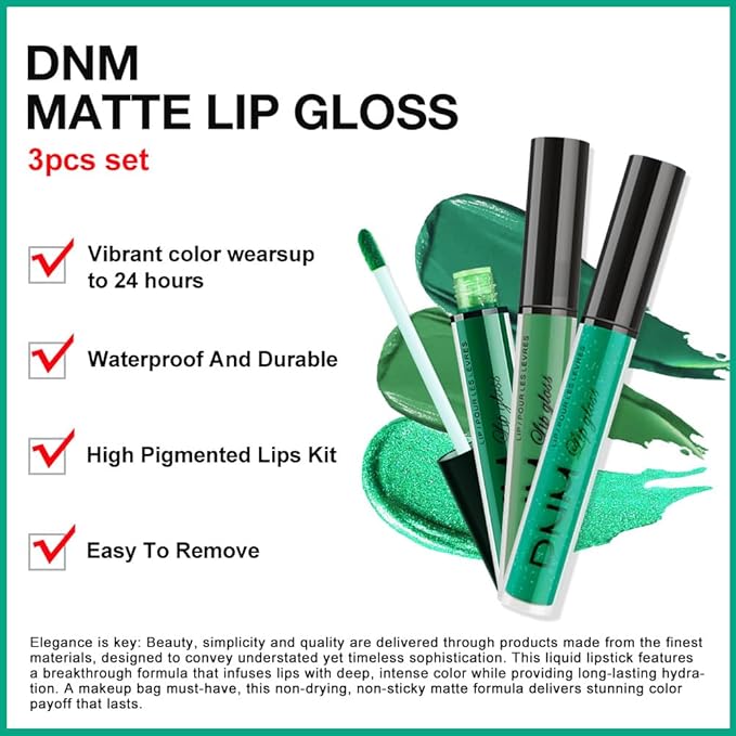 Dark Pale Teal Forest Emerald Green Matte Glitter Shimmer Shiny Liquid Lipstick Lip Stain 3pcs Set for Women Matte+Lipstick Long Lasting Waterproof 24 hr Magic Lipstick 24 Hours original (25#)