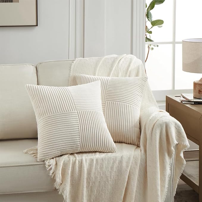Fancy Homi Cream Decorative Throw Pillow Covers 16x16 Inch for Living Room Couch Bed Sofa, Rustic Farmhouse Boho Home Decor, Soft Corss Patchwork Corduroy Textured Square Cushion Case 40x40 cm