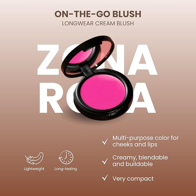 POISE Makeup HD Crème Lip and Cheek Compact | Long Lasting Cheek Blusher and Lip Stain Lipstick in One Hydrating for Skin Infused w/Shea Butter, ZONA ROSA