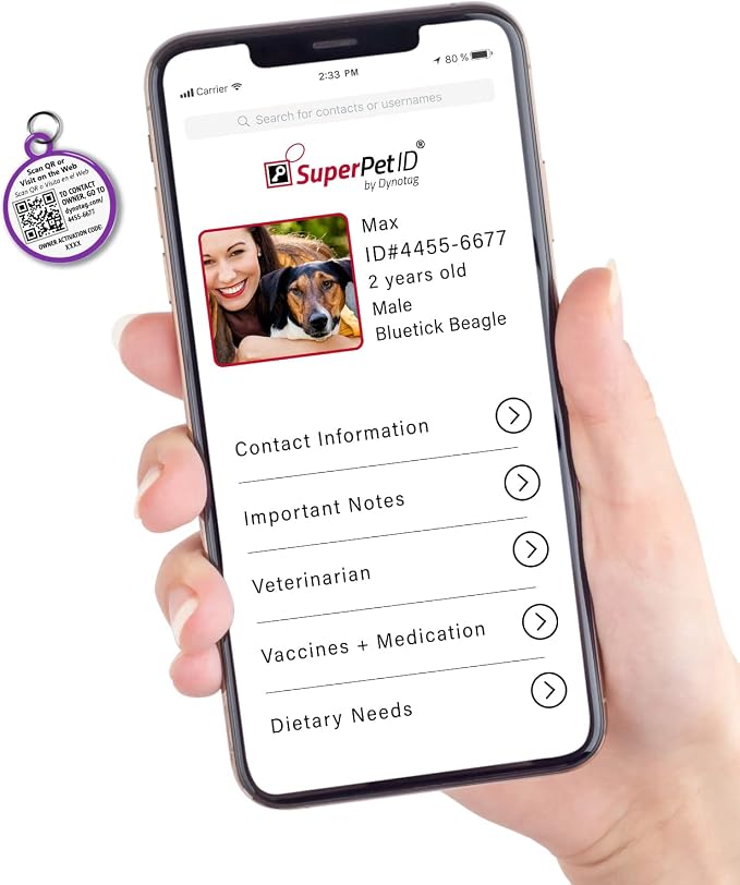 Dynotag® Web Enabled Super Pet ID Smart Tag. Deluxe Coated Steel, with DynoIQ™ & Lifetime Recovery Service. Fun Series (Purple: Have Your People Call My People)