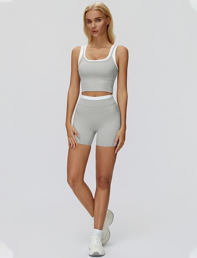 Women 2 Piece Workout Sets Racerback Color Block Tank Top High Waist Tummy Control Shorts Yoga Outfits