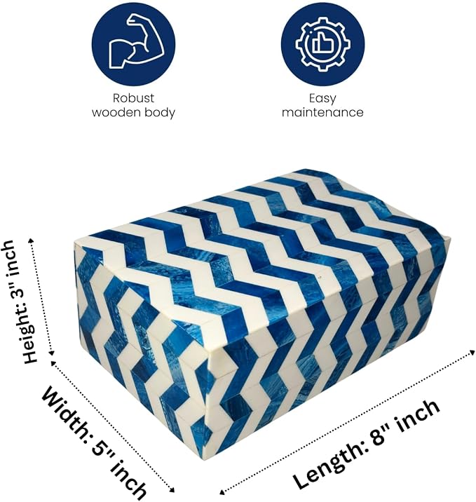 Perilla Home ﻿Home Decor Decorative Storage Wooden Box Small Wooden Organizer Tool Stash Card Craft Trinket Memory Keepsake Jewelry Box for Men and Women, Chevron, Gifts For All, Blue and Off White