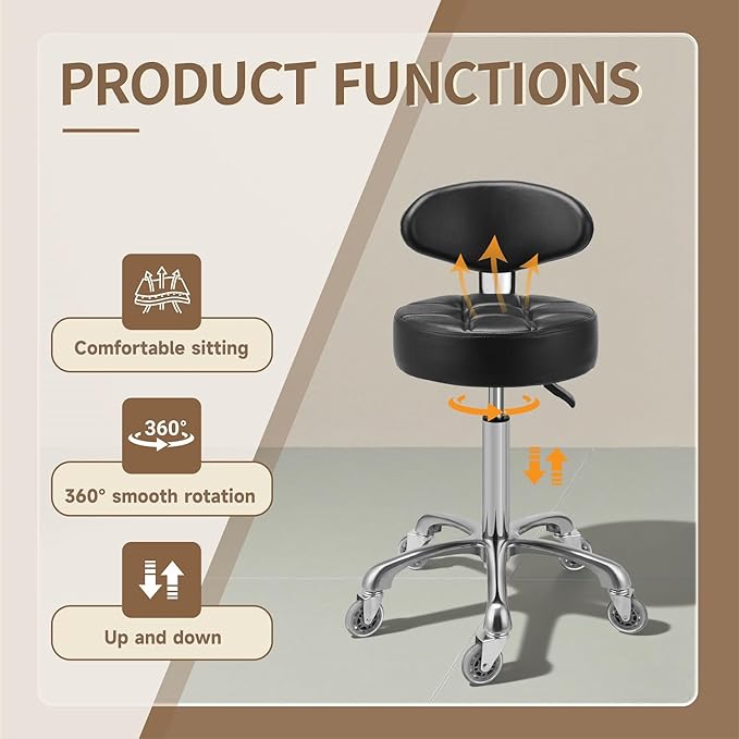 Kaleurrier Swivel Stool Chair Adjustable Height,Heavy Duty Hydraulic Rolling Metal Stool for Kitchen,Salon,Bar,Office,Massage (with Back Rest) (Black)