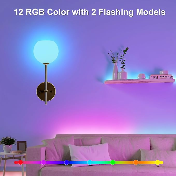 Brown Gold Battery Operated Wall Sconces Set of 2, Rechargeable Wireless Wall Lights with Milky White Frosted Glass, 12 RGB and 3CCT Dimmable, Wall Lamps with Remote for Bedroom Living Room Hallway