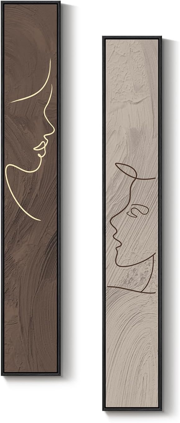 Large Framed Neutral Abstract Vertical Wall Art Set of 2, Modern Brown and Beige Canvas Prints Paintings for Walls, Minimalist Long Narrow Pictures for Living Room Bedroom Hallway Entryway Wall Decor
