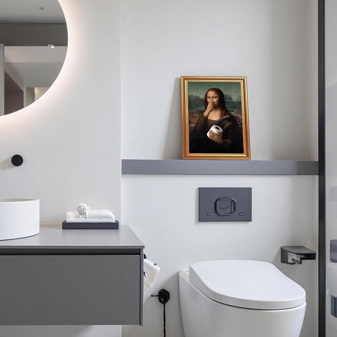 ICHZUMW Gold Framed Funny Mona Lisa Toilet Paper Canvas Wall Art, 8x10 In | Quirky Humorous Parody Painting Bathroom Wall Decor, Restroom Powder Room Guest Toilet, Fade Resistant, Ready to Hang