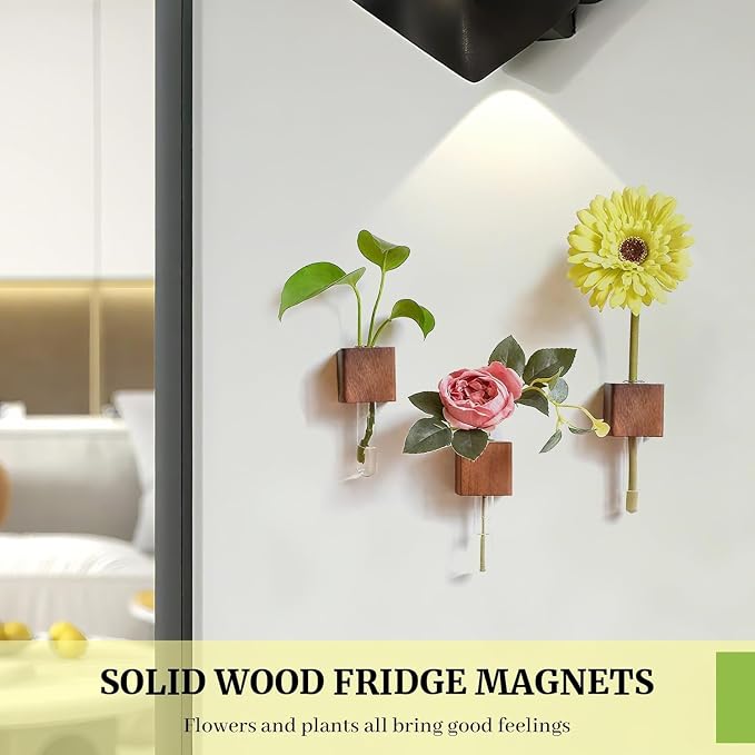 3 Pack Wooden Hydroponic Vase Fridge Magnets, Mini Glass Planter with Strong Magnet for Refrigerator Whiteboard Cabinet, Home Kitchen Decor for Succulents Cuttings Small Flowers