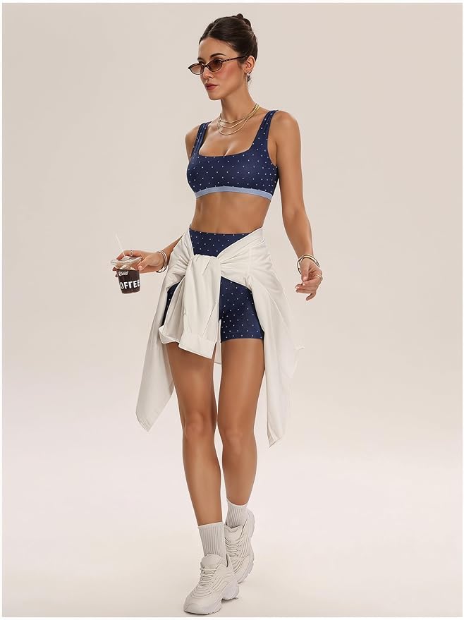 Milumia Women's Polka Dots Workout Set 2 Piece Color Block Bra Tank High Waisted Biker Shorts Layered Matching Yoga Outfit