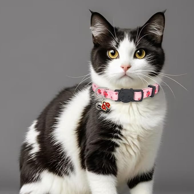 Cat Collar Breakaway, 2 Pack Cotton Kitten Collars with Bells and Removable Charms, Cute Bee and Ladybug Shaped for Indoor Boy, Girl and Adult Cats