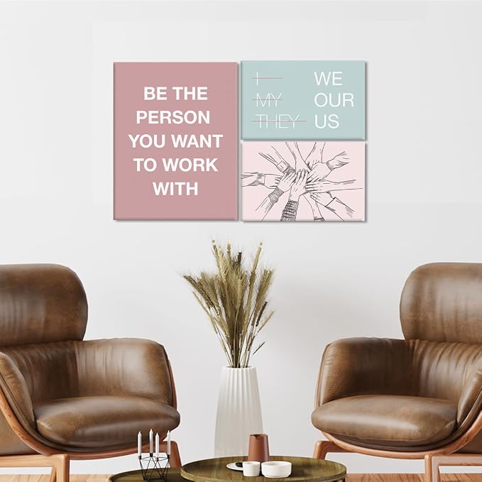 YEOION Motivational Office Wall Art,Inspirational Teamwork Wall Art for Office,Light Pink and Green Positive Teamwork Wall Decor for Women Set of 6